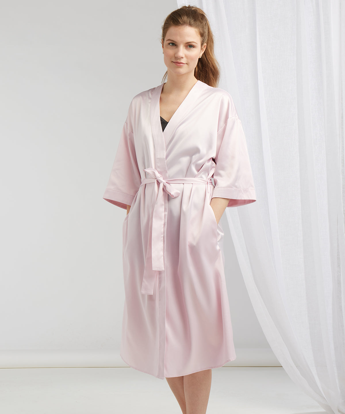 Pink satin kimono robe best sale