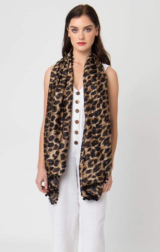 Leopard Print Lightweight Astro Scarf with pom pom