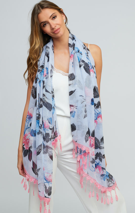 Stunning Floral Tassel Detail Della Scarf Blue