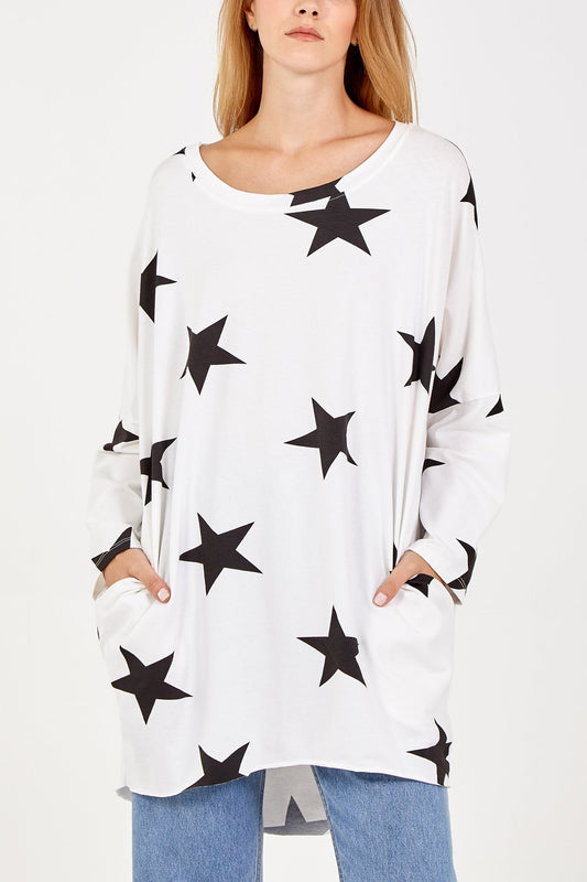 Made In Italy Two Pocket Long Sleeve Oversized Star Top White