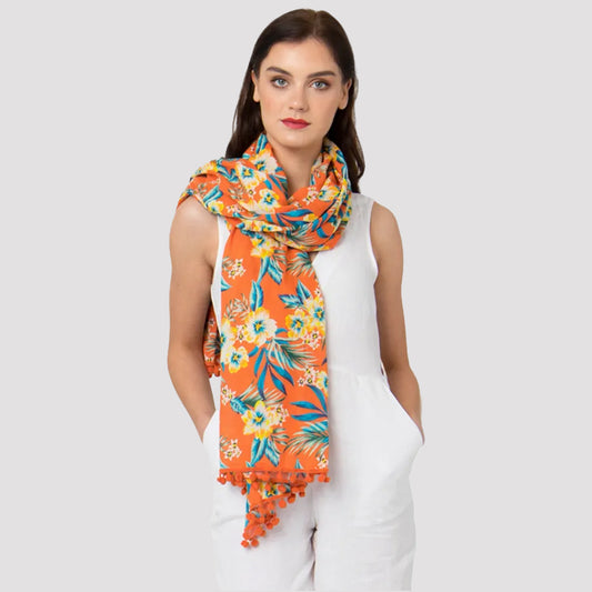 Vivre Floral Print Scarf Paprika With Pom Poms